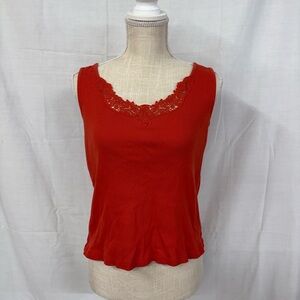 Y2K 90s Ralph Lauren Red Lace Trim Sleeveless Tank Top Ribbed Knit